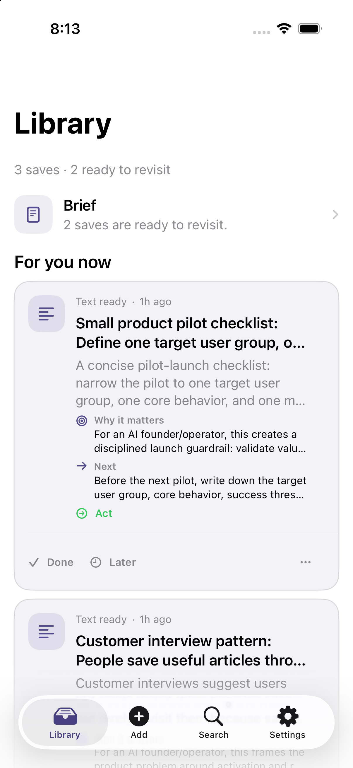 Resurface Library showing grounded recommendations for saved content